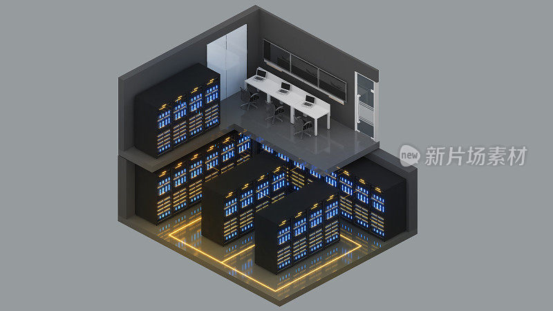 小服务器室和控制室的等距视图，数据中心有多排全面运行的服务器机架。, 3 d渲染。